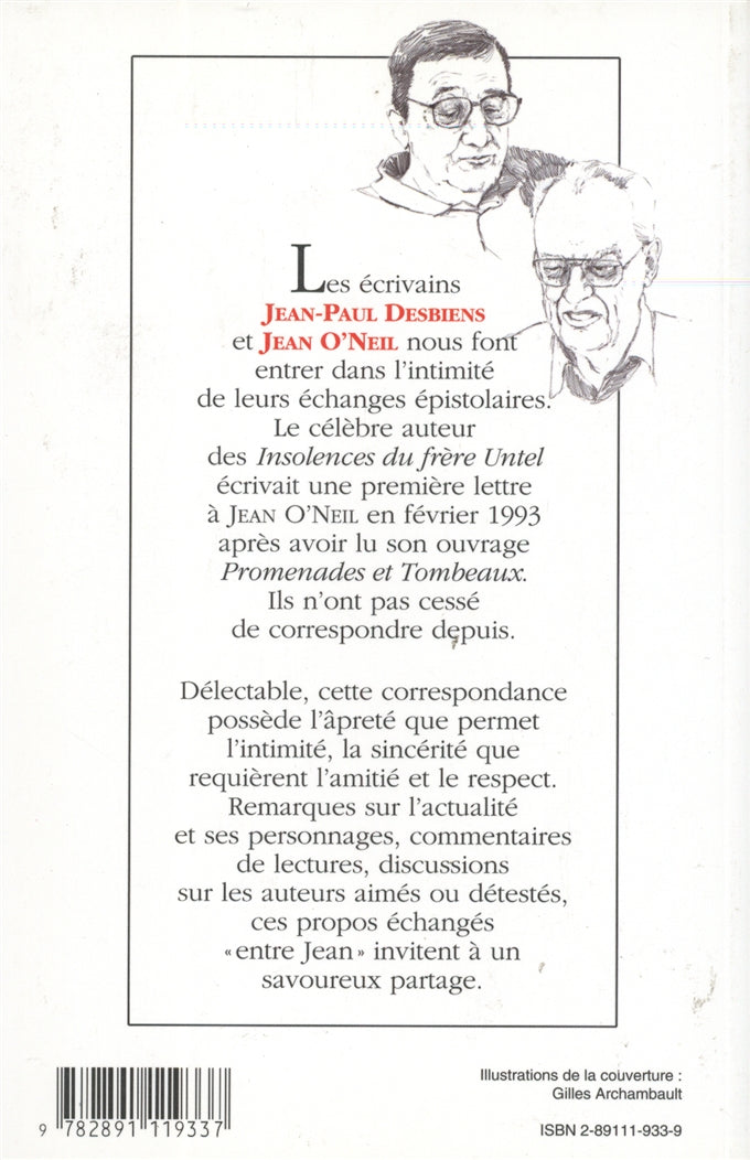 Couverture du livre de Entre Jean : correspondance 1993-2000 - papier format